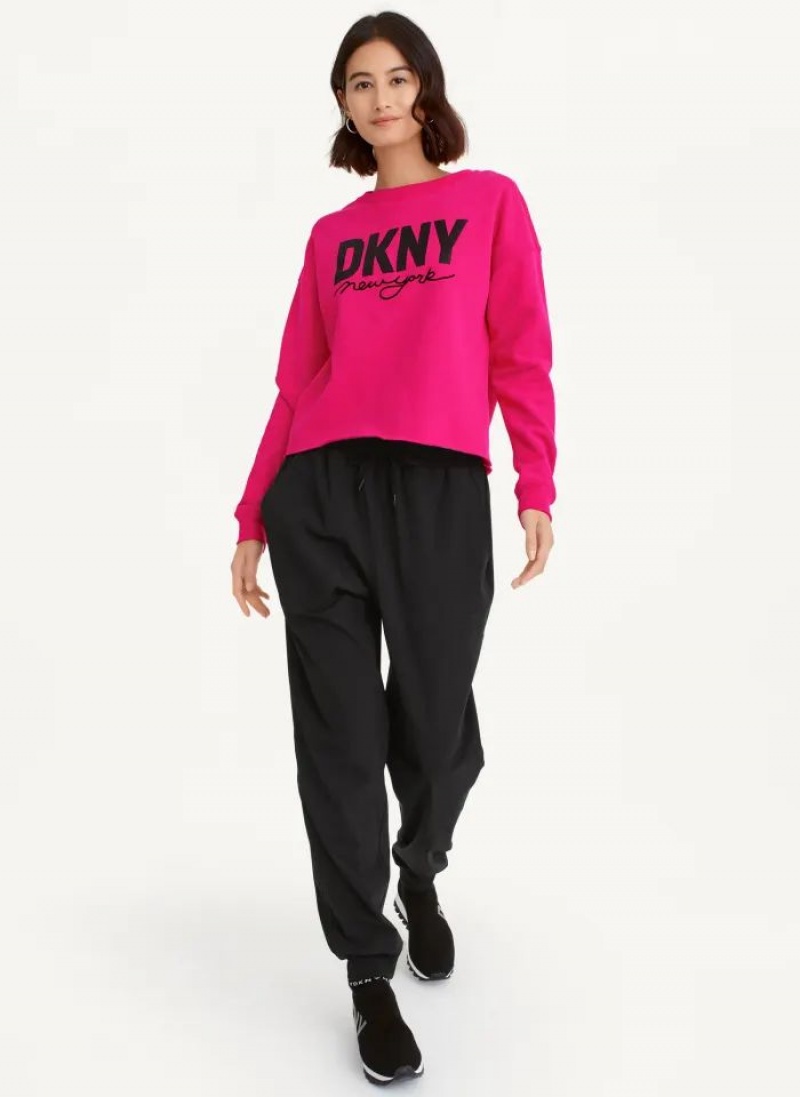 DKNY Glitter Script Logo Cropped Raw Edge Sweatshirts Damen Rosa | Austria_D1484