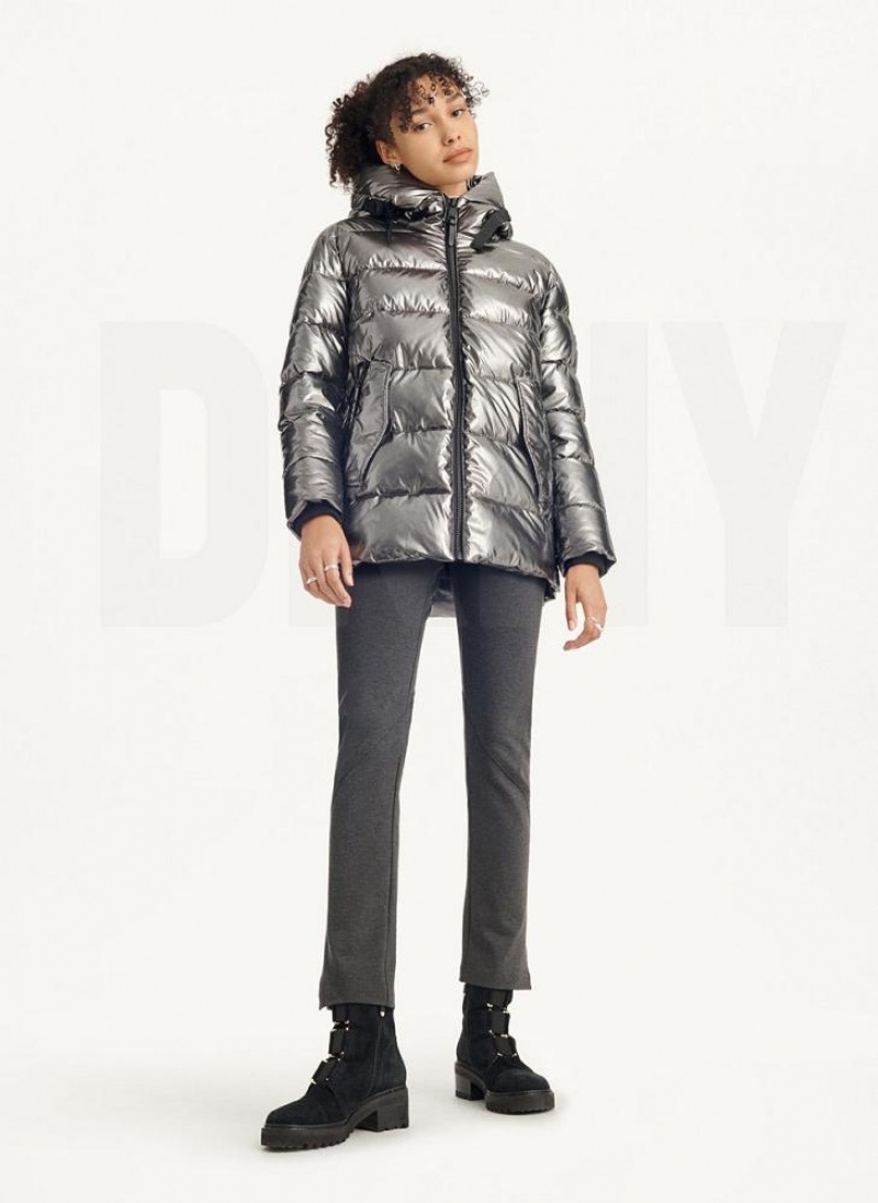 DKNY Glossy Mid Length Pufferjacke Damen Grau | Austria_D0134