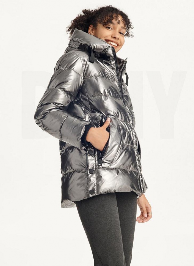 DKNY Glossy Mid Length Pufferjacke Damen Grau | Austria_D0134