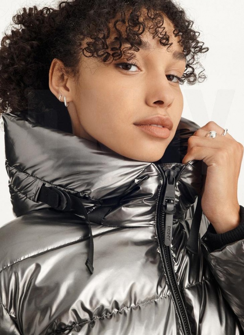 DKNY Glossy Mid Length Pufferjacke Damen Grau | Austria_D0134