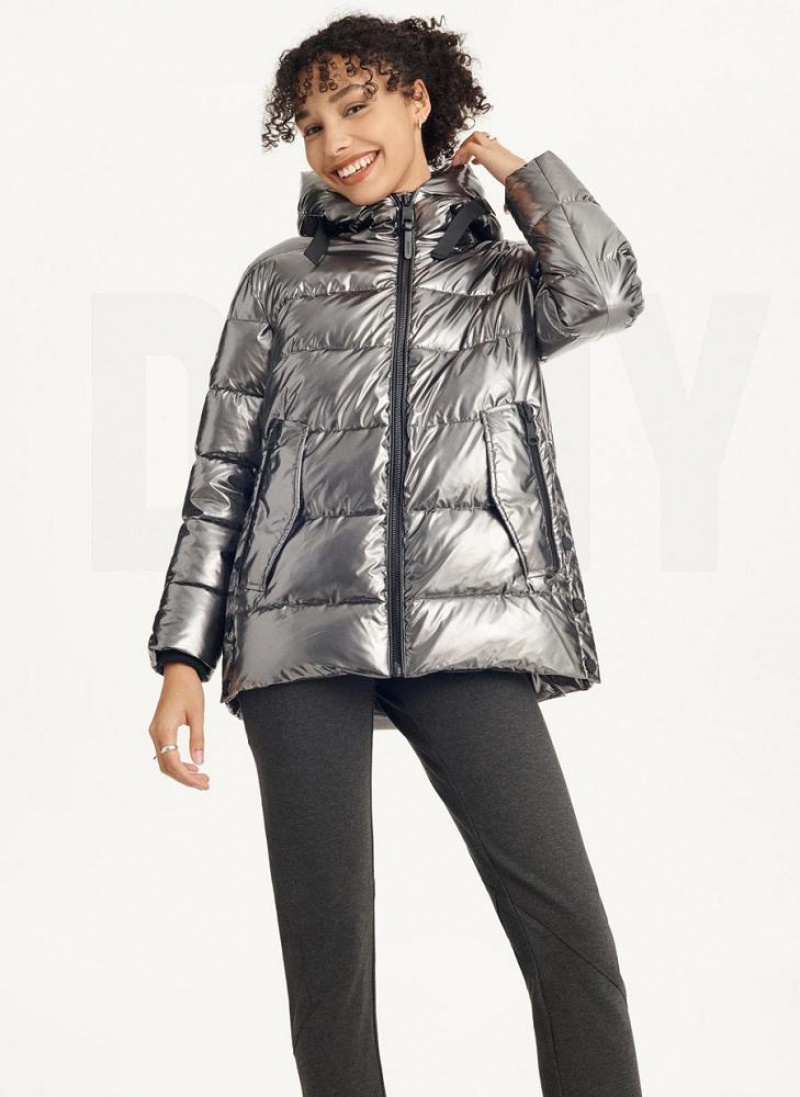 DKNY Glossy Mid Length Pufferjacke Damen Grau | Austria_D0134