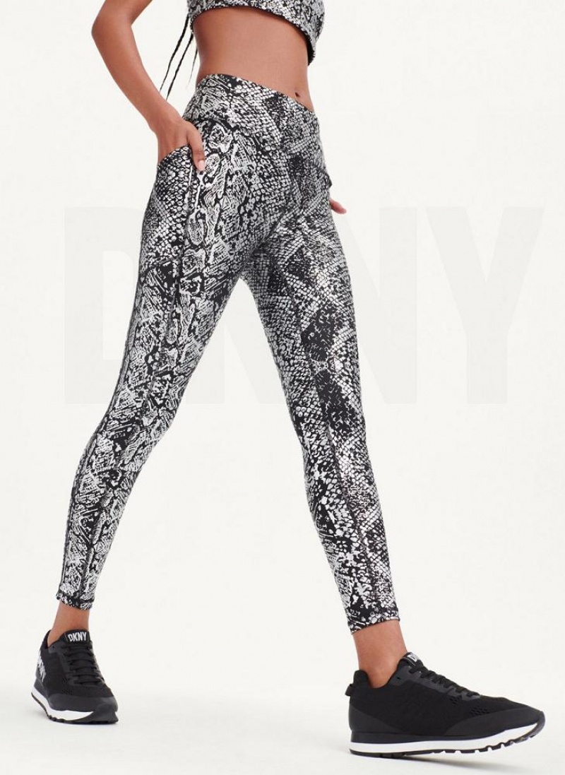 DKNY High Taille Metallic Snake Print Leggings Damen Schwarz Silber | Austria_D0324