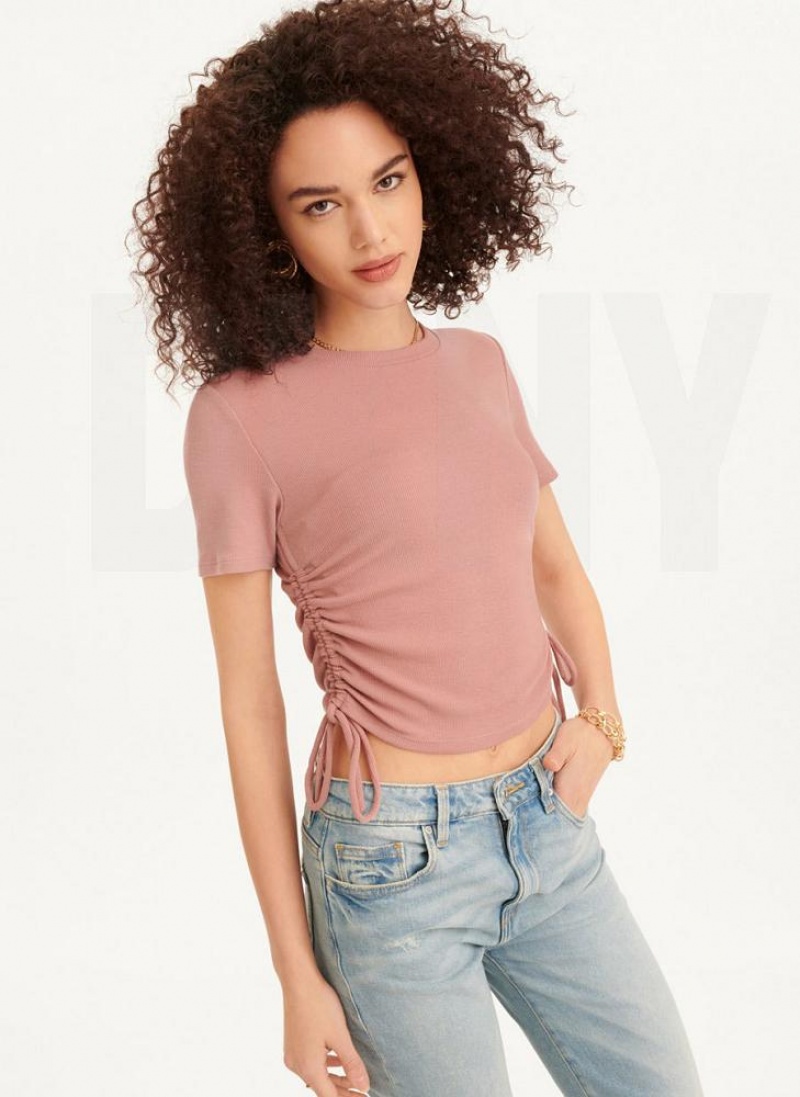 DKNY Kurzes Sleeve Side Ruched T-shirts Damen Rosa | Austria_D0871