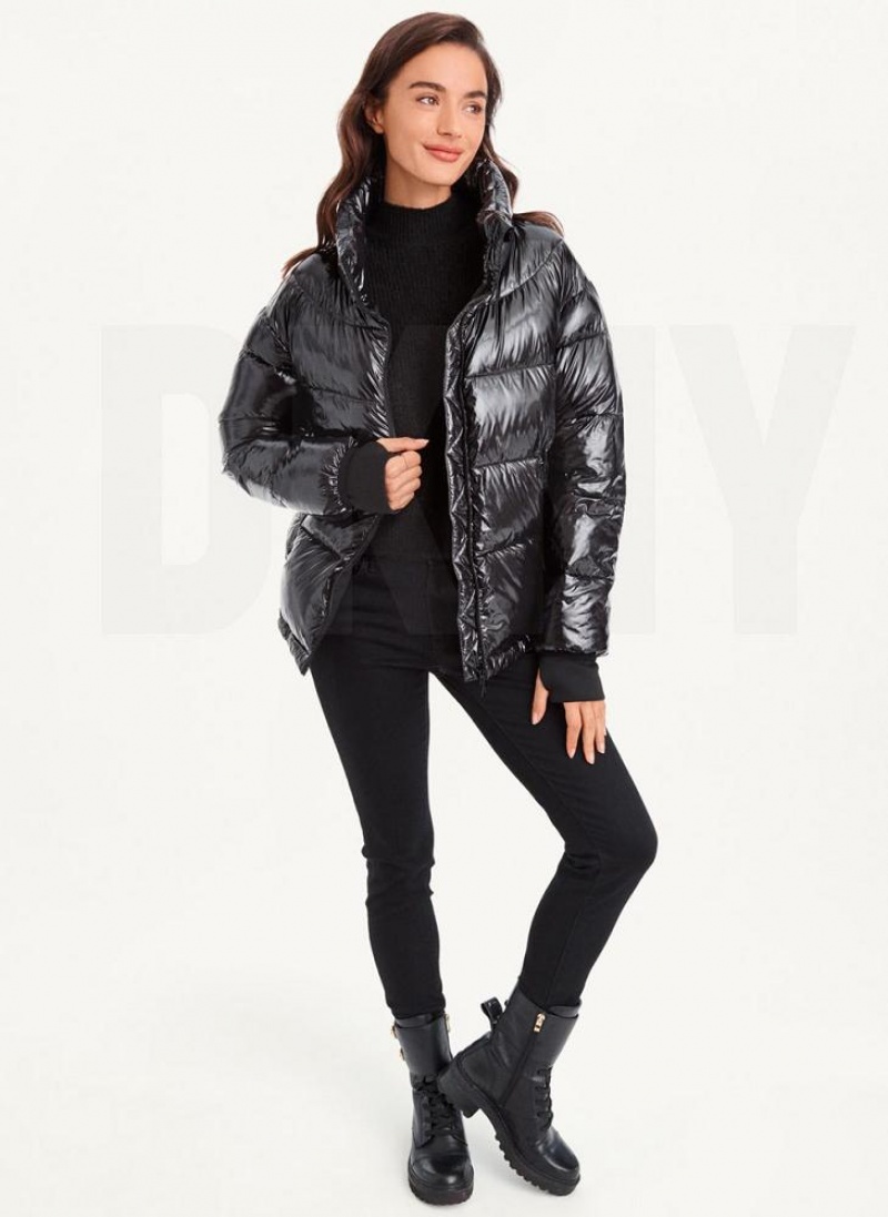 DKNY Kurzes Wet Puffer Mäntel Damen Schwarz | Austria_D0535