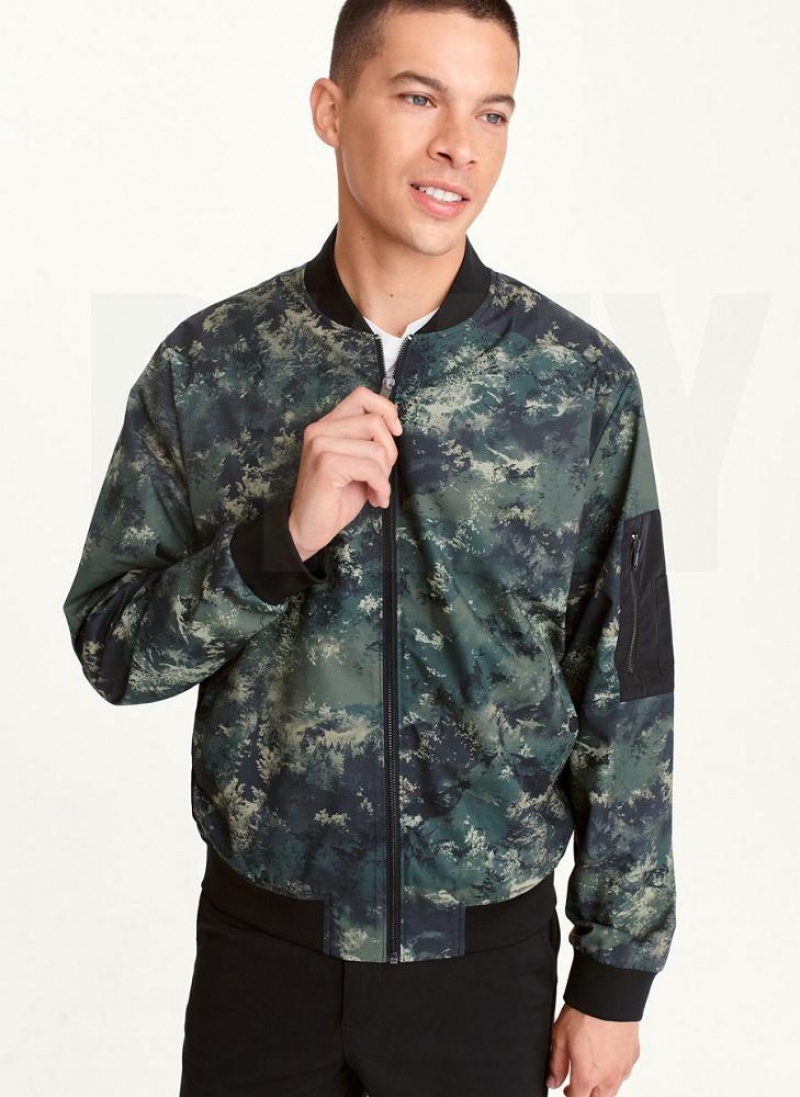 DKNY Leaf Camo Bomber Jacken Herren Olivgrün | Austria_D0155