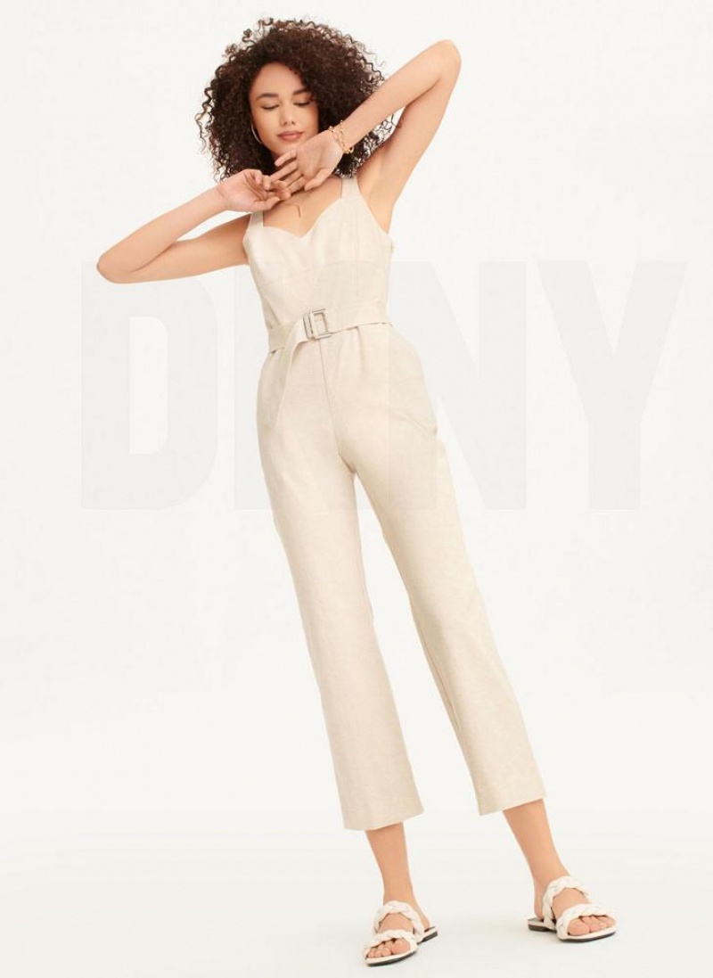 DKNY Linen Belted Jumpsuit Damen Beige | Austria_D0106