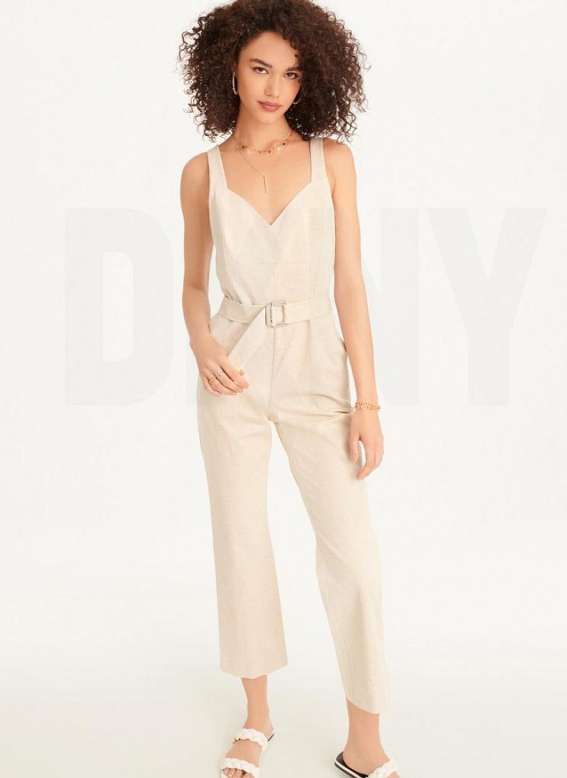 DKNY Linen Belted Jumpsuit Damen Beige | Austria_D0106