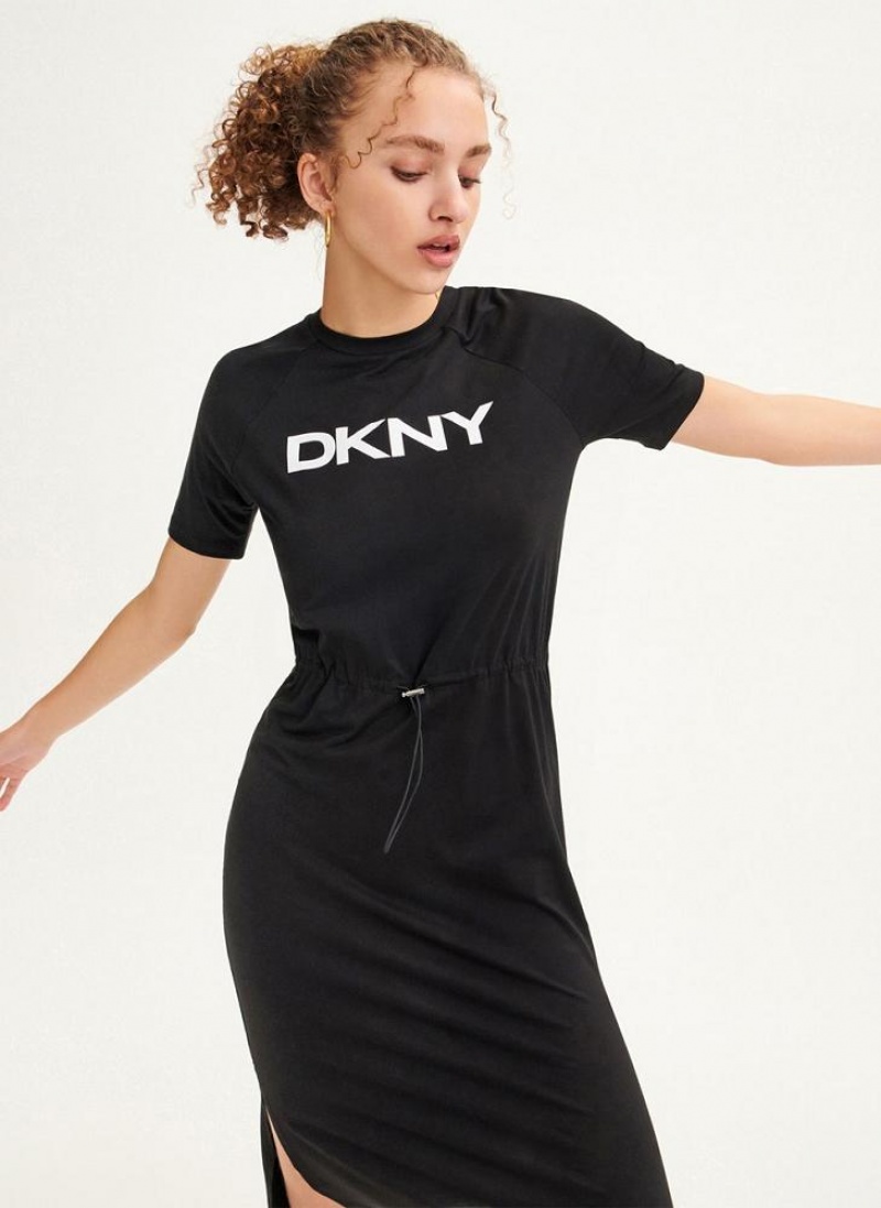 DKNY Logo Drawstring Taille Kleid Damen Schwarz | Austria_D1180