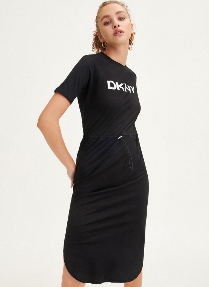 DKNY Logo Drawstring Taille Kleid Damen Schwarz | Austria_D1180