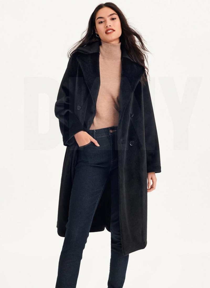 DKNY Long Faux Fur Mäntel Damen Schwarz | Austria_D1815