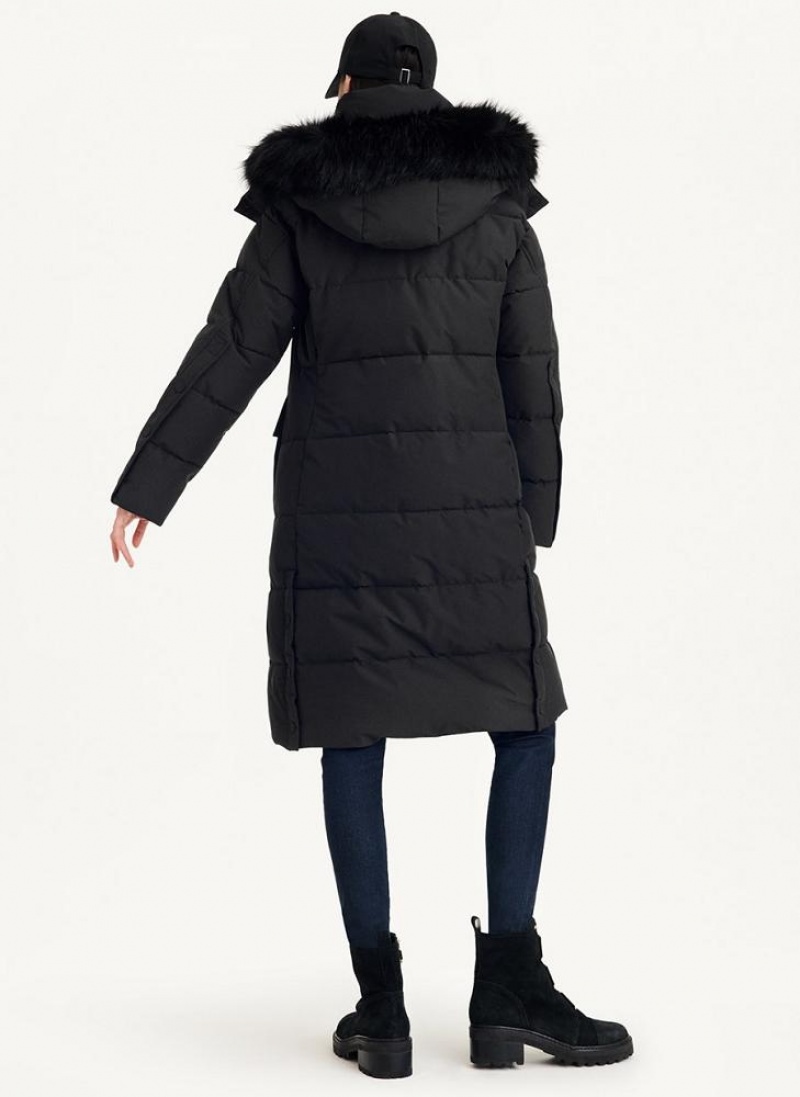 DKNY Long Puffer With Faux Fur Hood Mäntel Damen Schwarz | Austria_D0562