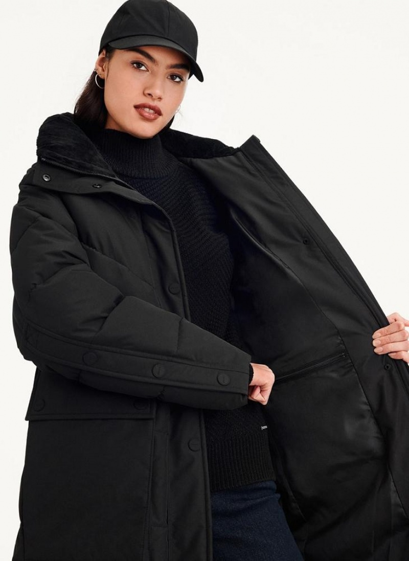 DKNY Long Puffer With Faux Fur Hood Mäntel Damen Schwarz | Austria_D0562