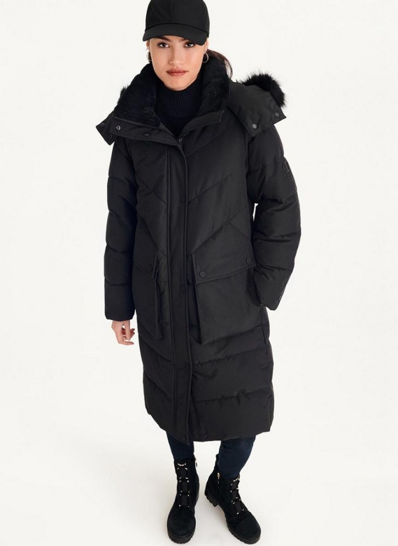 DKNY Long Puffer With Faux Fur Hood Mäntel Damen Schwarz | Austria_D0562