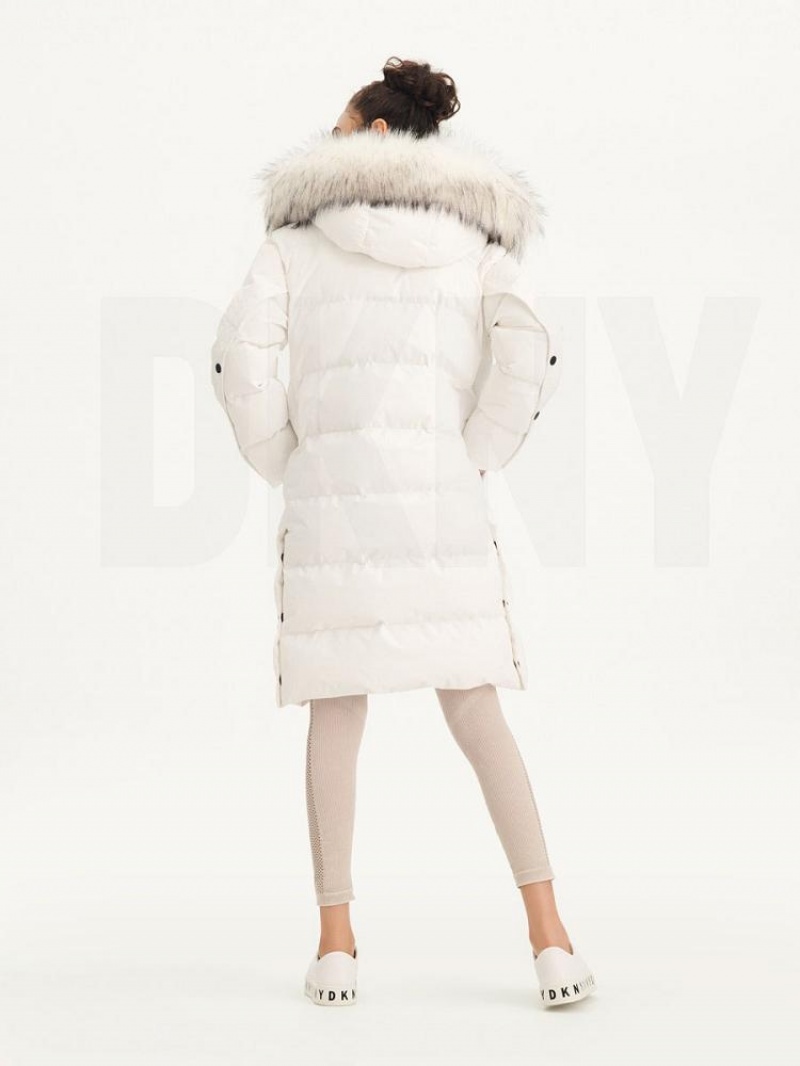 DKNY Long Puffer With Faux Fur Hood Mäntel Damen Weiß | Austria_D1663