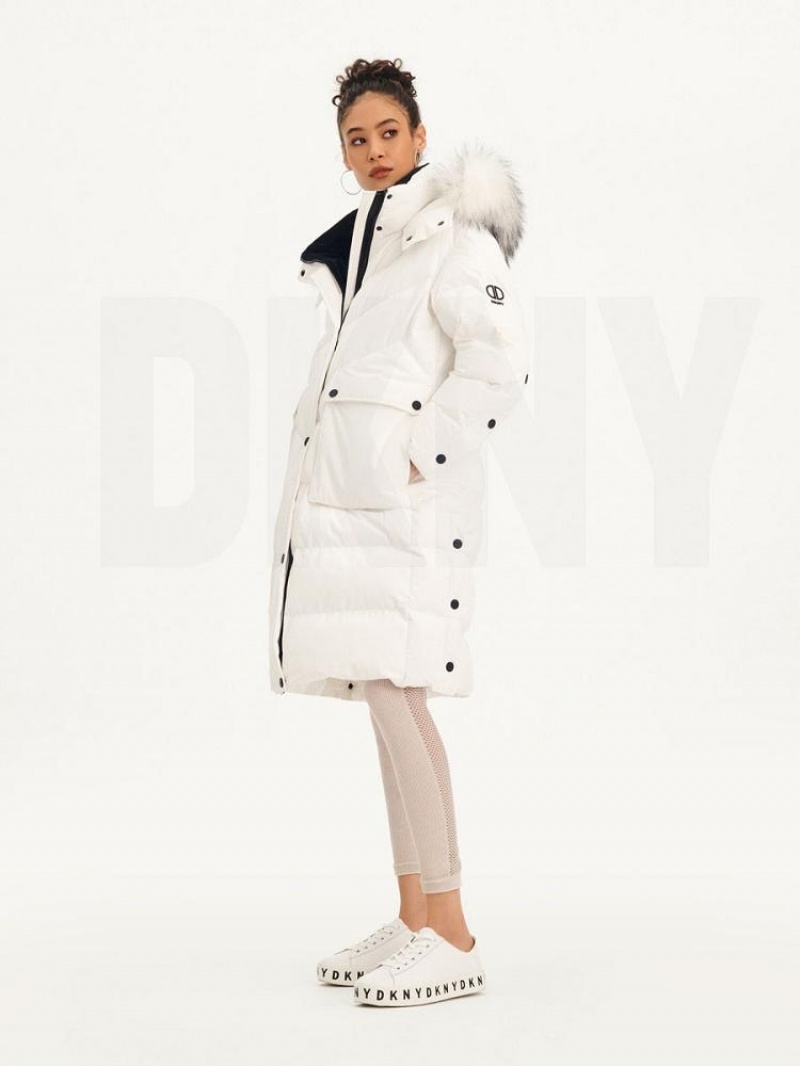 DKNY Long Puffer With Faux Fur Hood Mäntel Damen Weiß | Austria_D1663