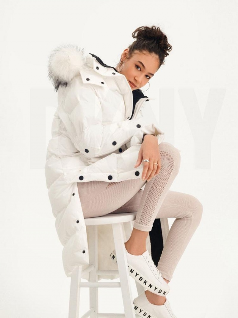 DKNY Long Puffer With Faux Fur Hood Mäntel Damen Weiß | Austria_D1663