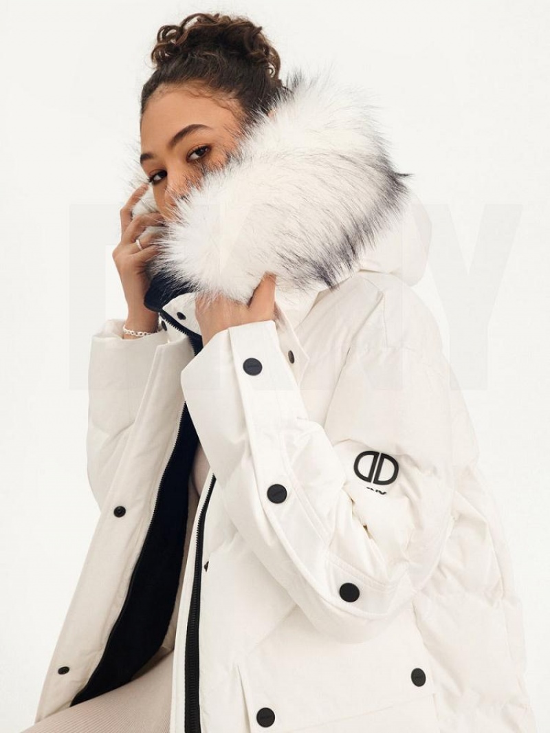 DKNY Long Puffer With Faux Fur Hood Mäntel Damen Weiß | Austria_D1663