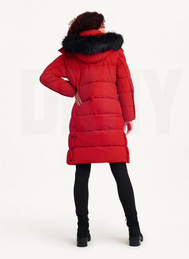 DKNY Long Puffer With Faux Fur Hood Mäntel Damen Rot | Austria_D1834