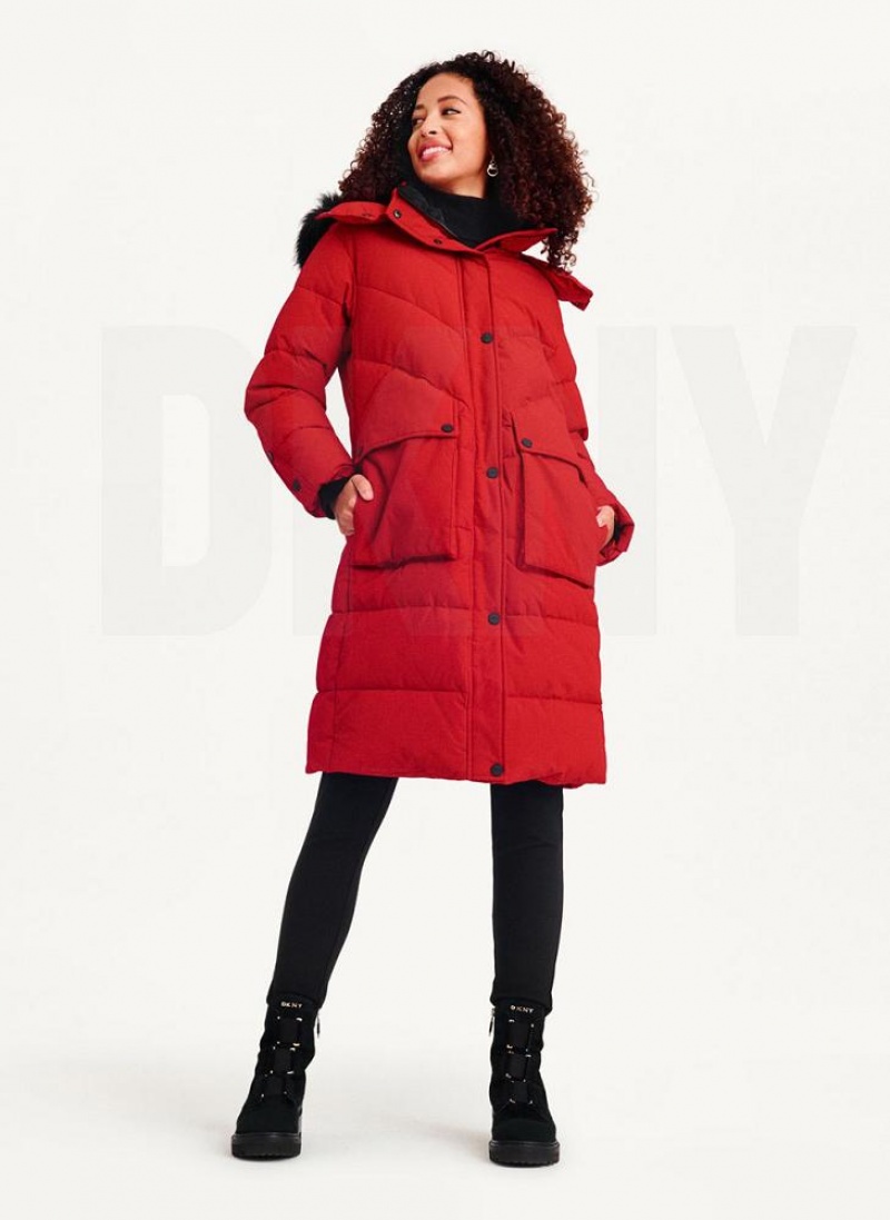 DKNY Long Puffer With Faux Fur Hood Mäntel Damen Rot | Austria_D1834