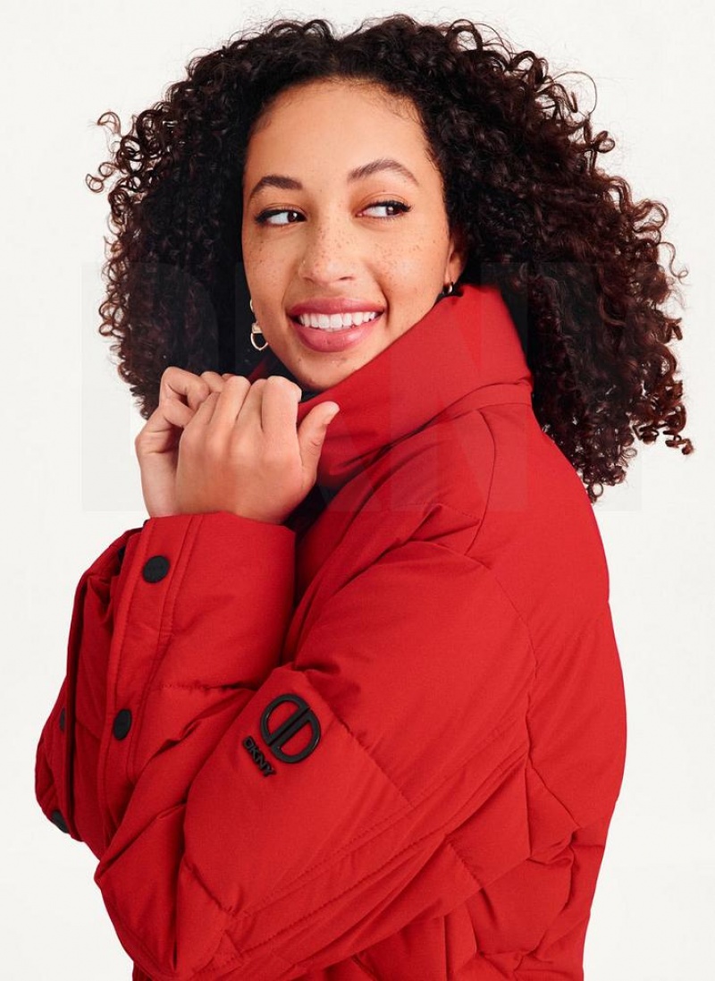 DKNY Long Puffer With Faux Fur Hood Mäntel Damen Rot | Austria_D1834