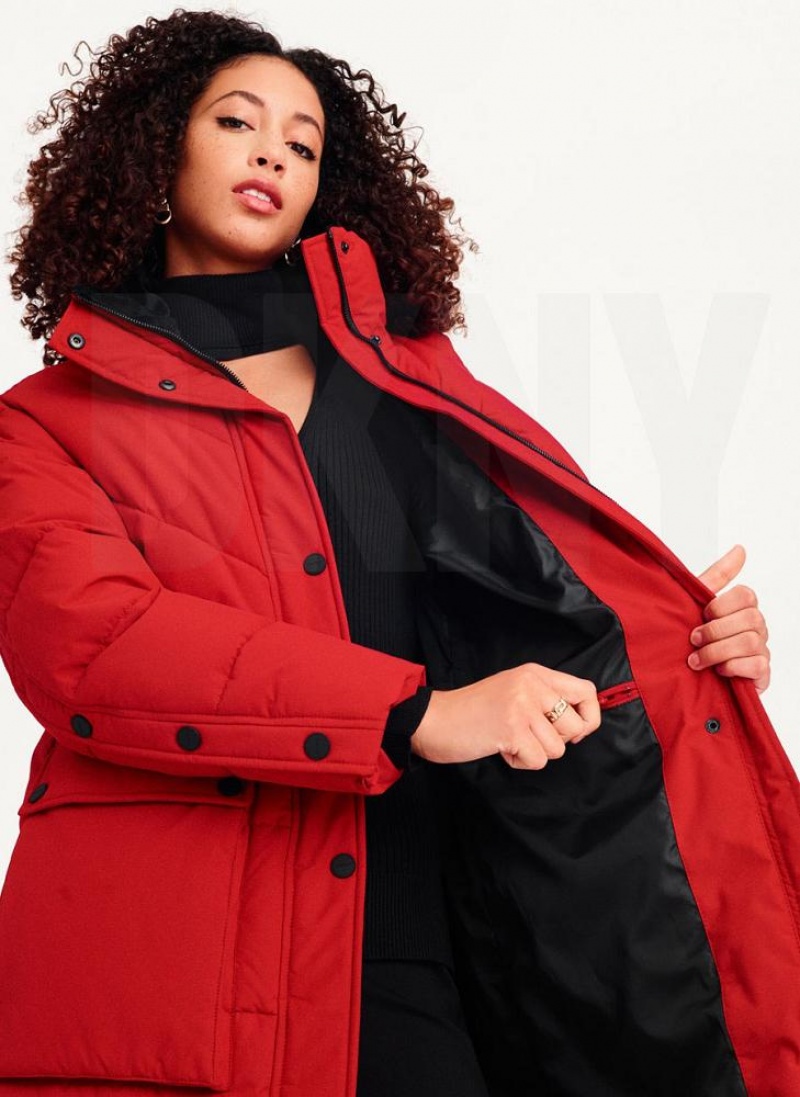 DKNY Long Puffer With Faux Fur Hood Mäntel Damen Rot | Austria_D1834