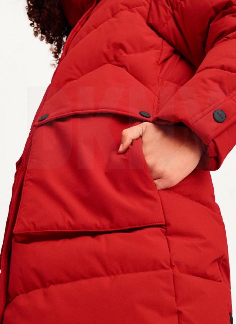 DKNY Long Puffer With Faux Fur Hood Mäntel Damen Rot | Austria_D1834