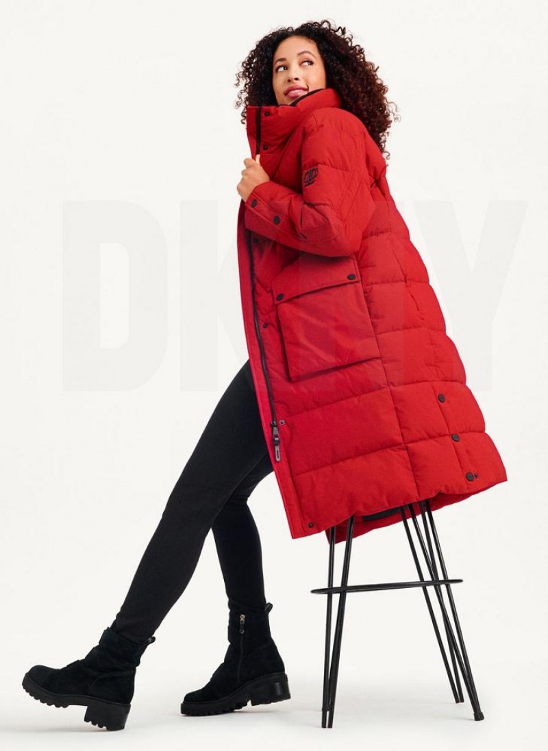 DKNY Long Puffer With Faux Fur Hood Mäntel Damen Rot | Austria_D1834