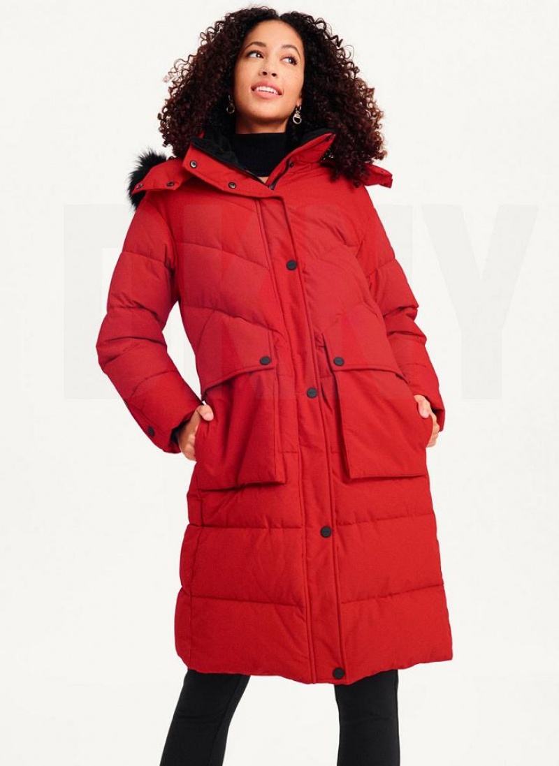 DKNY Long Puffer With Faux Fur Hood Mäntel Damen Rot | Austria_D1834