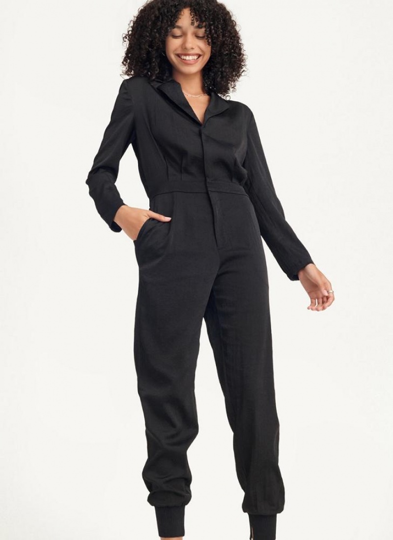 DKNY Long Sleeve Button Front With Lapel Jumpsuit Damen Schwarz | Austria_D1636