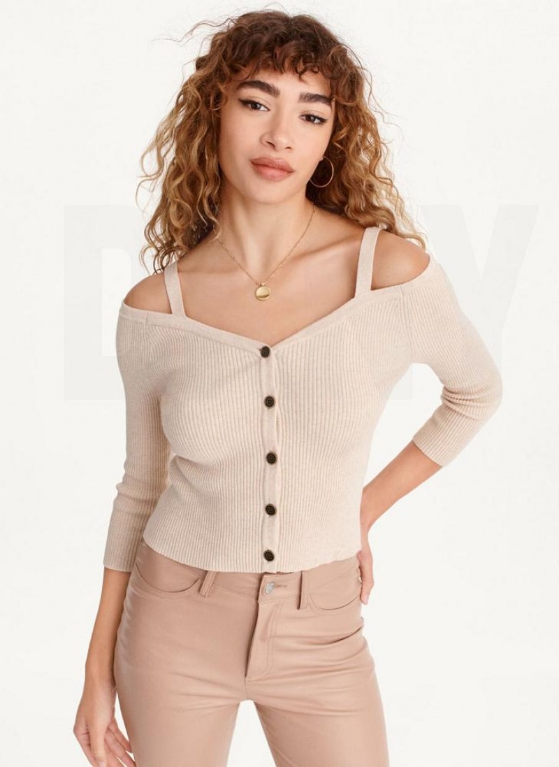 DKNY Long Sleeve Cold Shoulder Pullover Damen Beige | Austria_D1429