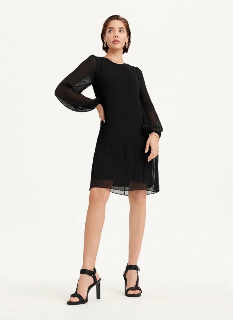 DKNY Long Sleeve Falten A Line Kleid Damen Schwarz | Austria_D0288