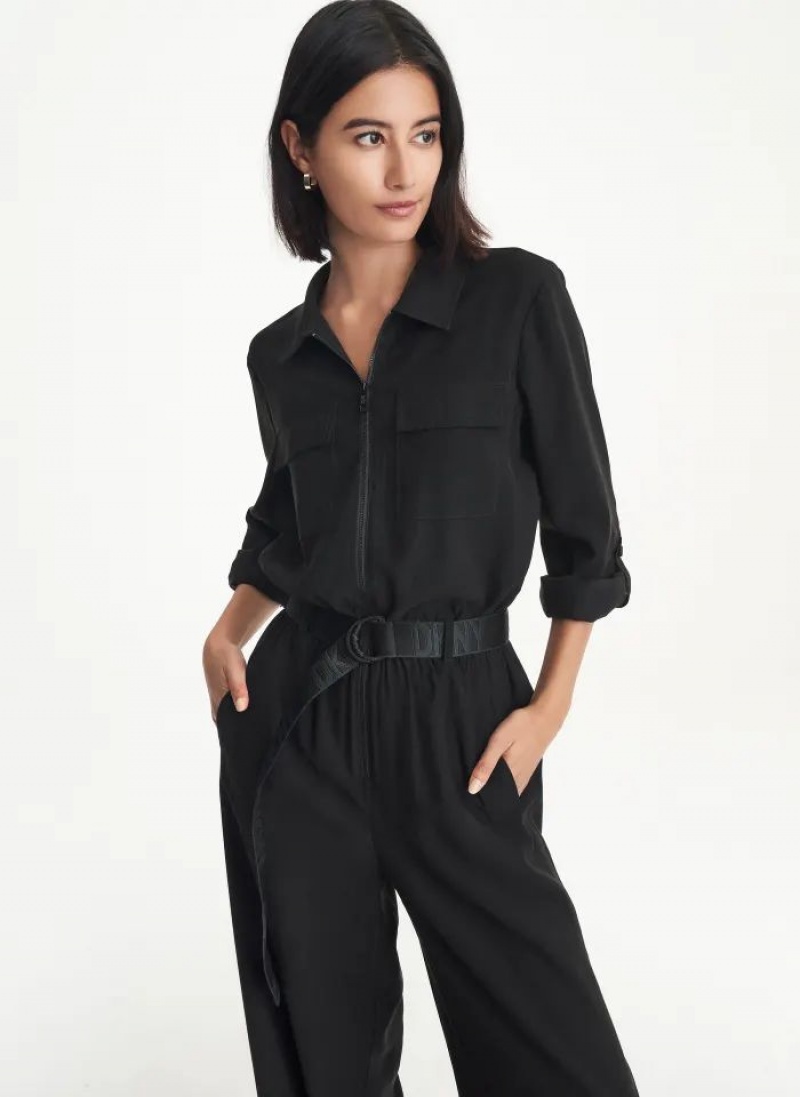 DKNY Long Sleeve Roll Sleeve Zip Front Jumpsuit Damen Schwarz | Austria_D0191