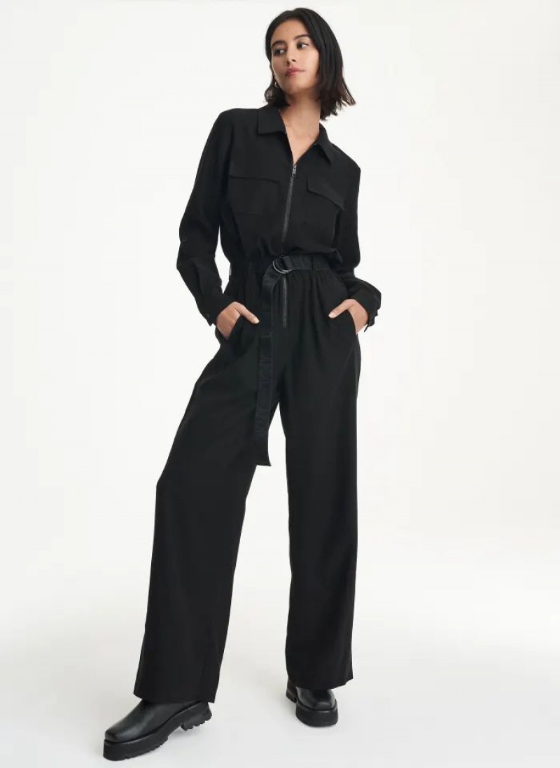 DKNY Long Sleeve Roll Sleeve Zip Front Jumpsuit Damen Schwarz | Austria_D0191