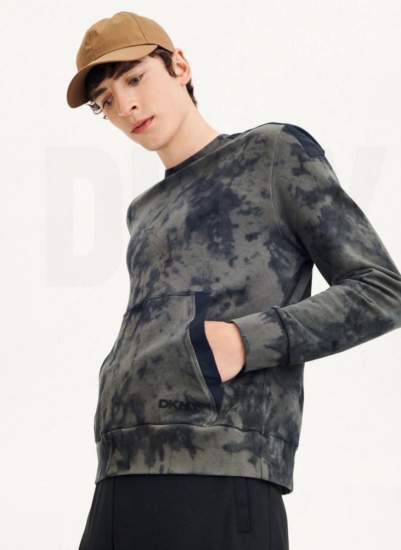 DKNY Long Sleeve Tie Dye Crewneck With Nylon Trim Sweatshirts Herren Olivgrün Schwarz | Austria_D1916