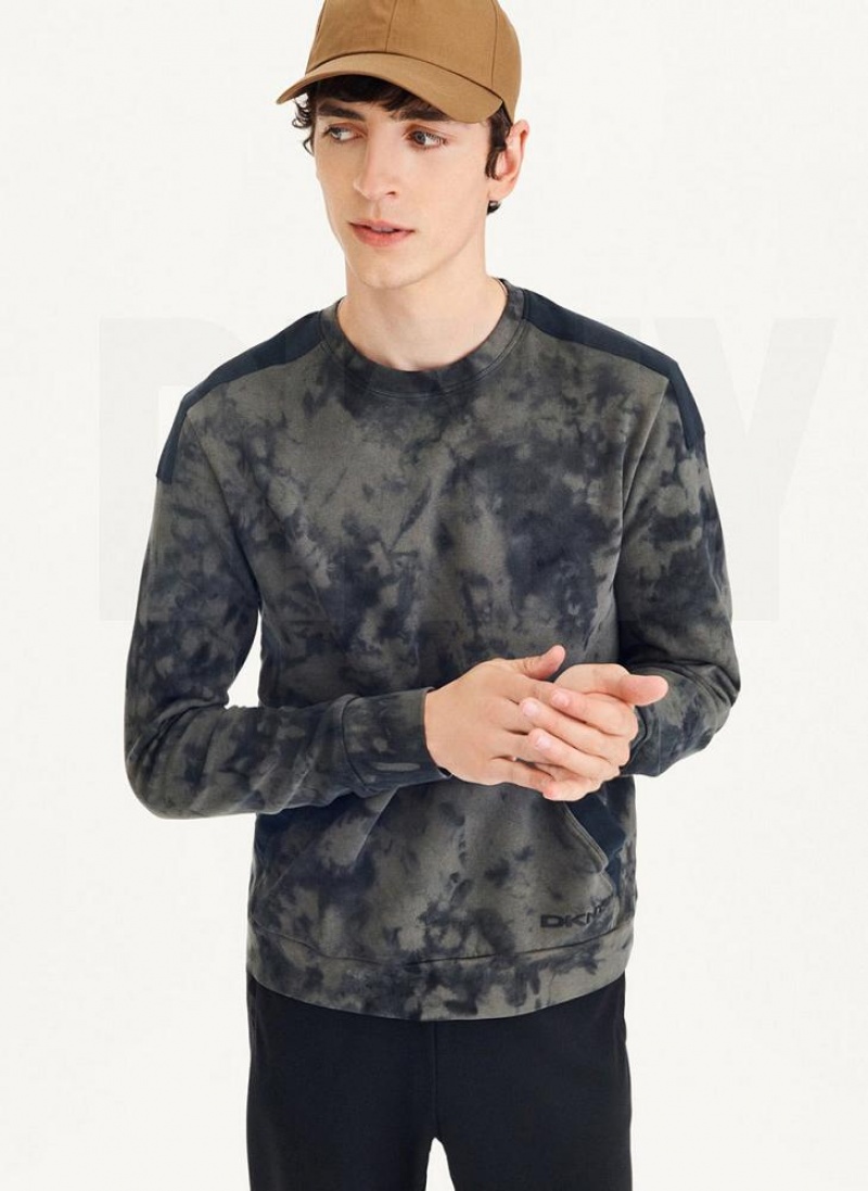 DKNY Long Sleeve Tie Dye Crewneck With Nylon Trim Sweatshirts Herren Olivgrün Schwarz | Austria_D1916