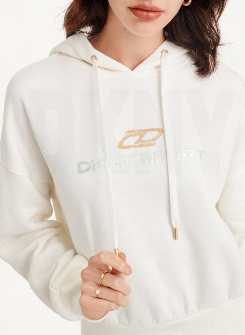 DKNY Mixed Distressed Metallic Logo Cropped Hoodies Damen Weiß | Austria_D1318