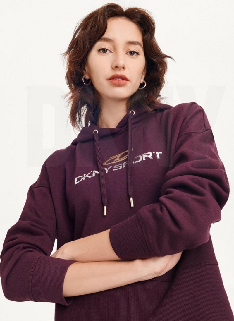 DKNY Mixed Distressed Metallic Logo Cropped Hoodies Damen Bordeaux | Austria_D0940