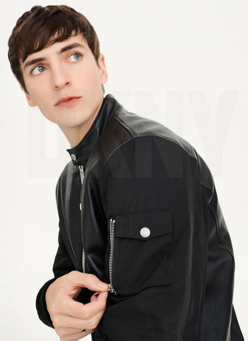 DKNY Mixed Media Faux Leder Bomber Jacken Herren Schwarz | Austria_D0798