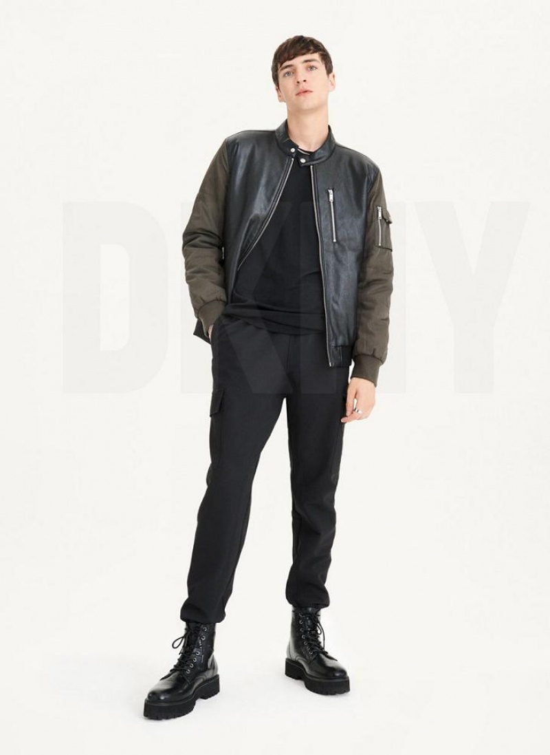 DKNY Mixed Media Faux Leder Bomber Jacken Herren Schwarz Olivgrün | Austria_D0329