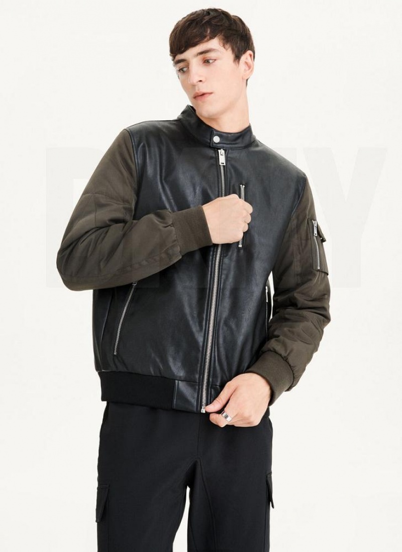 DKNY Mixed Media Faux Leder Bomber Jacken Herren Schwarz Olivgrün | Austria_D0329