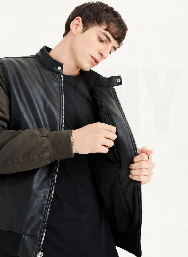 DKNY Mixed Media Faux Leder Bomber Jacken Herren Schwarz Olivgrün | Austria_D0329