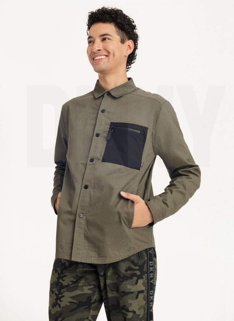 DKNY Mixed Media PockeT-Shirt Jacken Herren Olivgrün | Austria_D1472