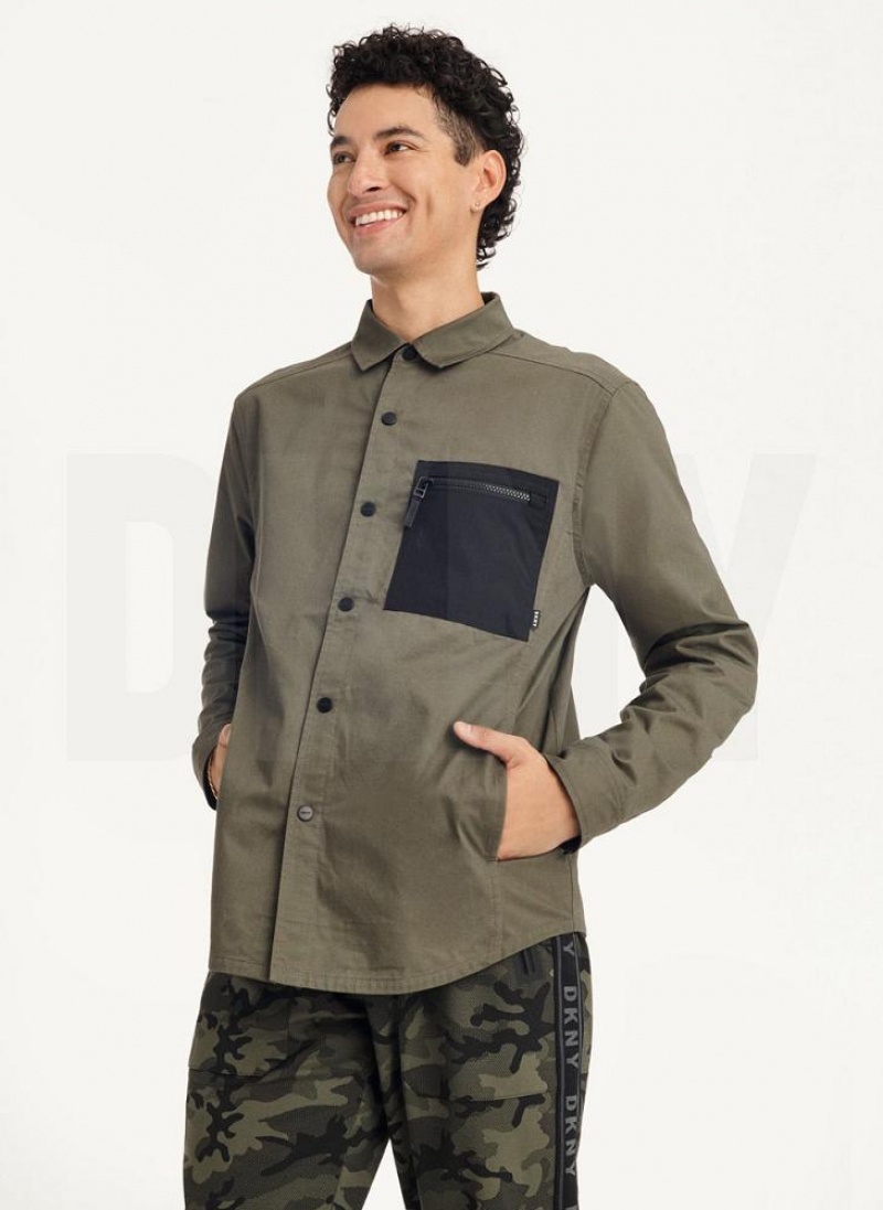 DKNY Mixed Media PockeT-Shirt Jacket Hemd Herren Olivgrün | Austria_D1250