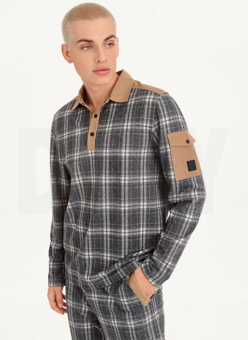 DKNY Nylon Trim Long-Sleeve Plaid Polo Shirts Herren Mehrfarbig | Austria_D0110