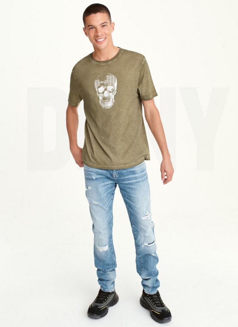 DKNY OUTLINE LOGO SKULL MINERAL WASH T-shirts Herren Olivgrün | Austria_D1961