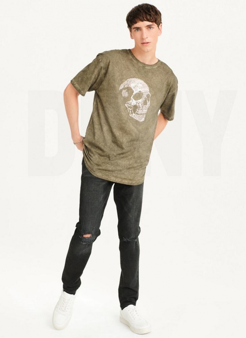 DKNY Pigment Dye Sketched Skull T-shirts Herren Olivgrün | Austria_D1509