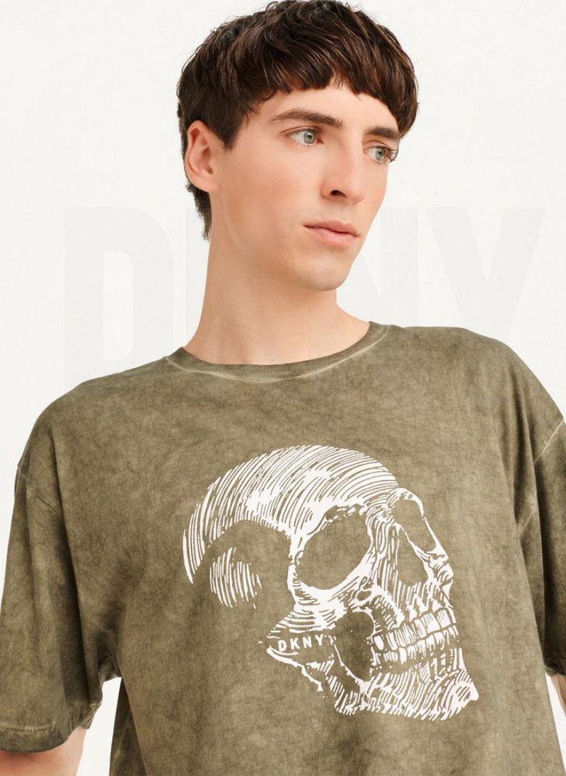 DKNY Pigment Dye Sketched Skull T-shirts Herren Olivgrün | Austria_D1509