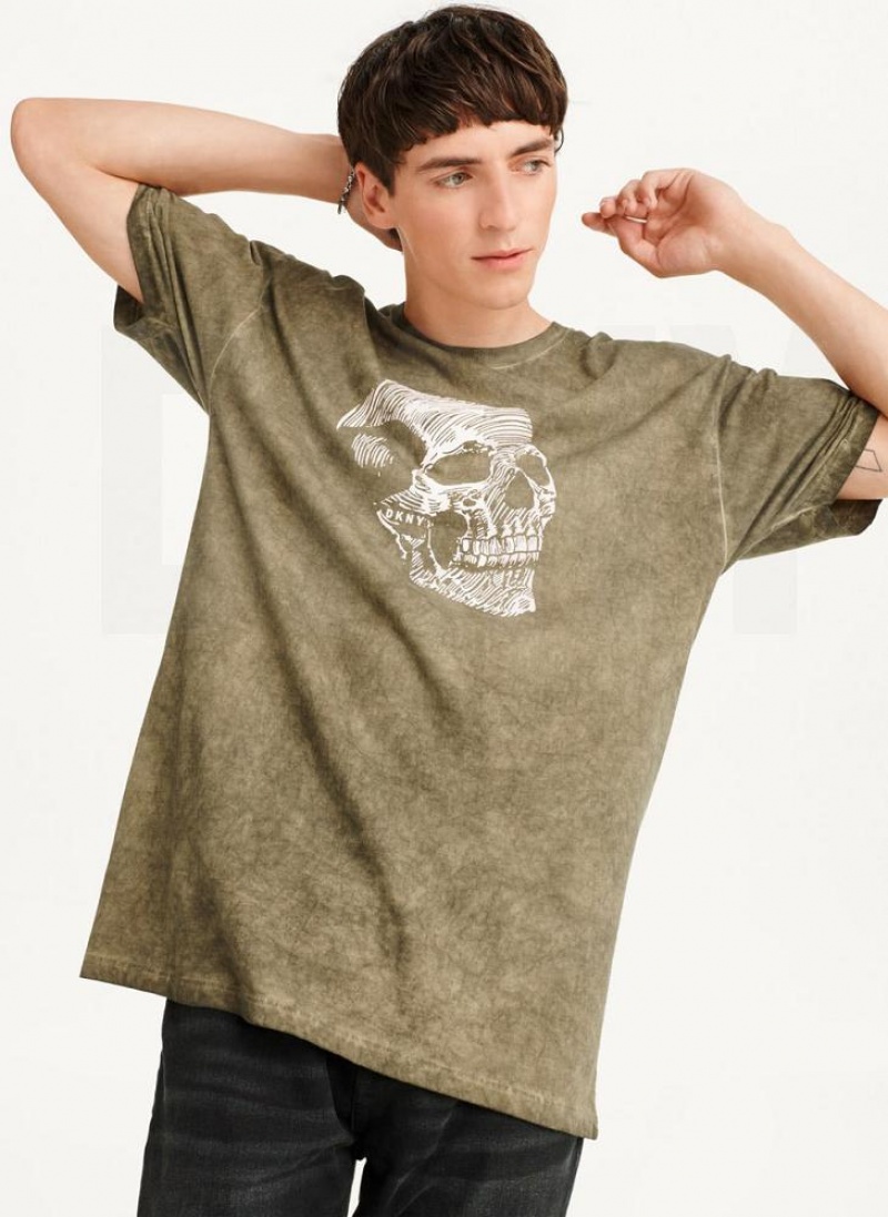 DKNY Pigment Dye Sketched Skull T-shirts Herren Olivgrün | Austria_D1509