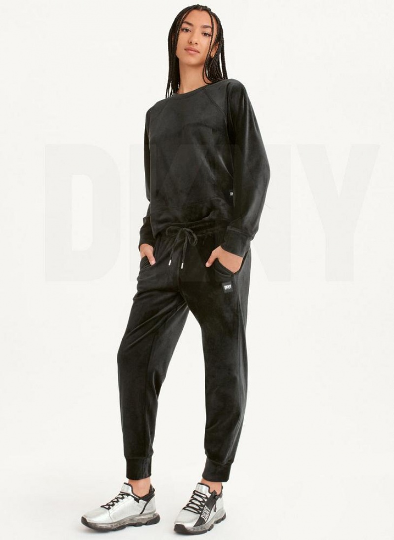 DKNY Platinum Velour Relaxed Jogginghose Damen Schwarz | Austria_D1271