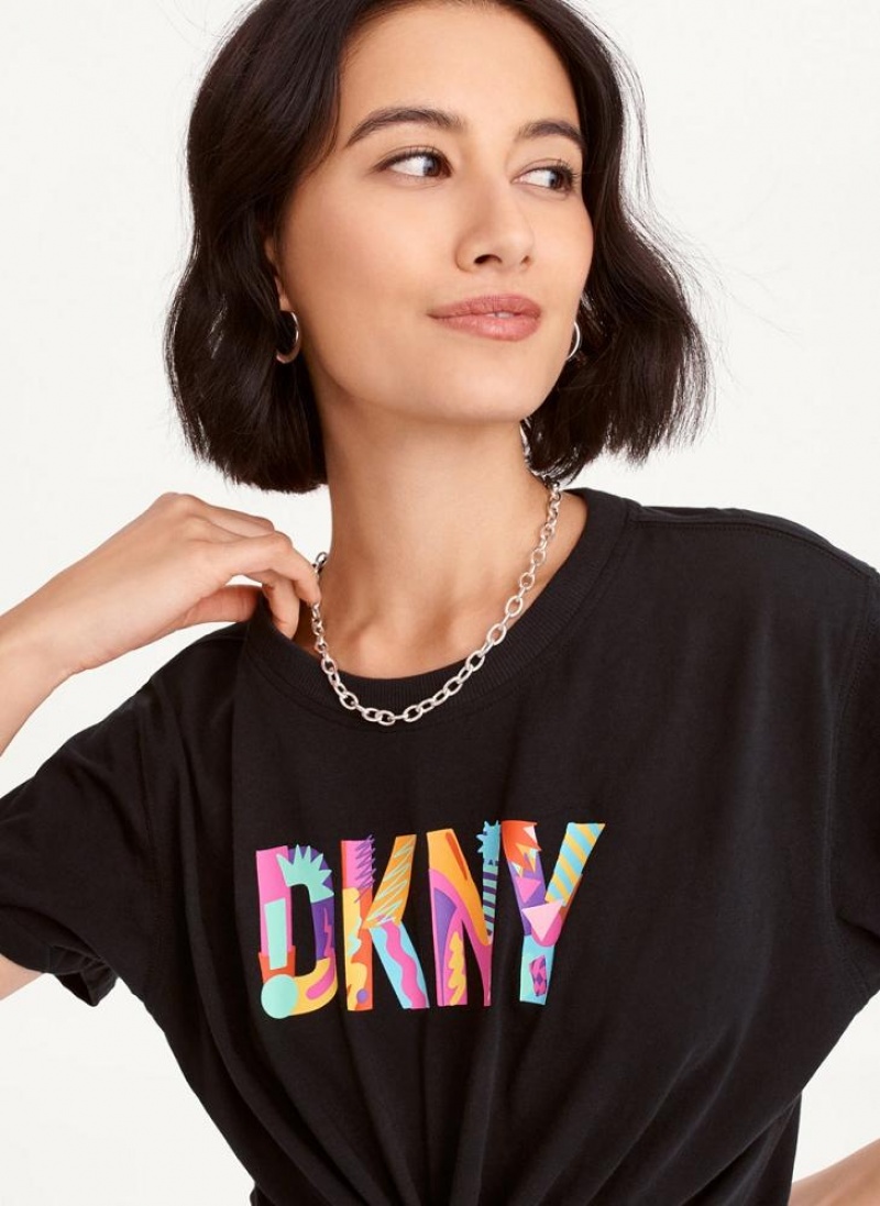 DKNY Pride Logo Knot Front T-shirts Damen Schwarz | Austria_D1468